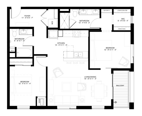 Floor plan for a 2 bedroom and 2 bath apartment unit